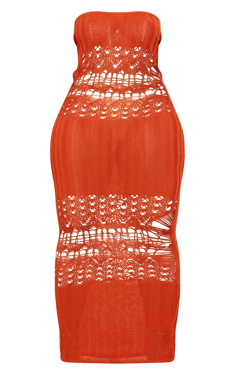 Shop Shape Burnt Orange Knit Sheer Panel Bandeau Maxi Dress Online in Oman