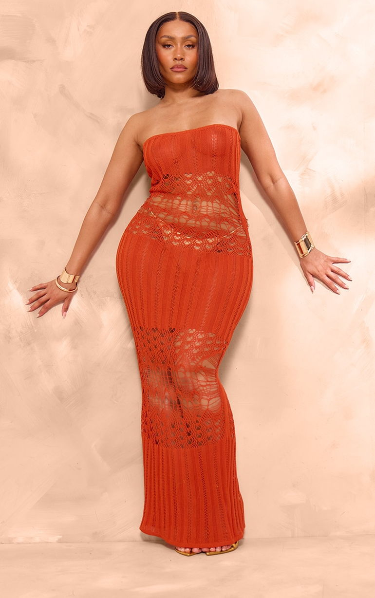 Shop Shape Burnt Orange Knit Sheer Panel Bandeau Maxi Dress Online