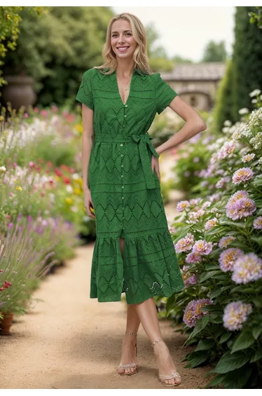 Greenery in Spring Embroidered Eyelet Frilling Dress