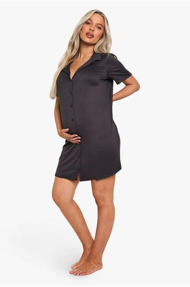 Maternity Button Through Collar Nightie - ash grey