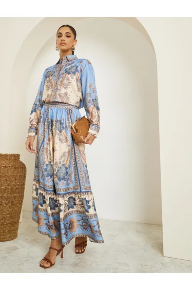 Women Printed Buttoned Top with Maxi Skirt Co-Ords