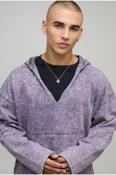Oversized Drop Shoulder V Neck Washed Distressed Hoodie - charcoal