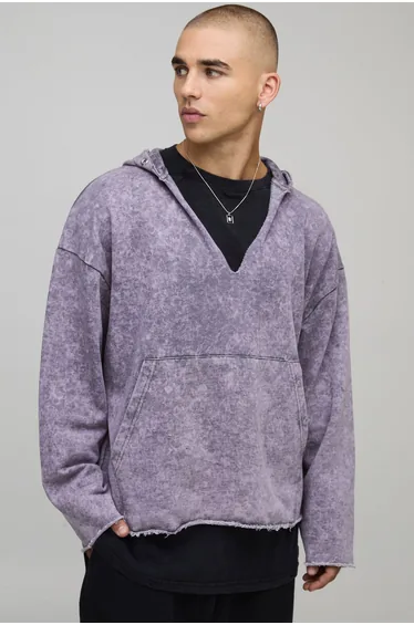 Oversized Drop Shoulder V Neck Washed Distressed Hoodie - charcoal