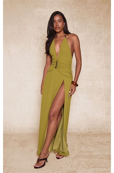 Olive Chiffon Plunge Bead Detail Maxi Dress
