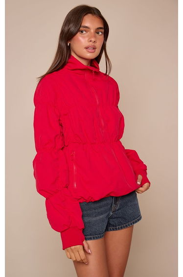 Red Ruched Zip Through Windbreaker