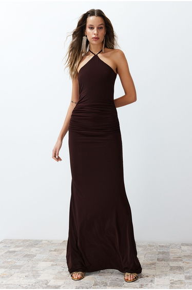 Brown Fitted Long Evening Dress
