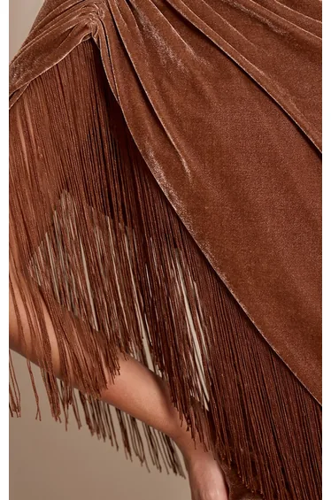 Golden Brown Velvet Cape Tassel Hem Mini Dress