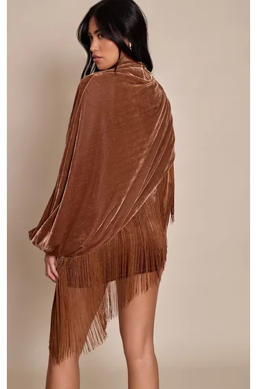 Golden Brown Velvet Cape Tassel Hem Mini Dress