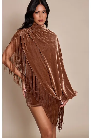 Golden Brown Velvet Cape Tassel Hem Mini Dress