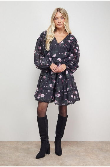 Printed Trim Detail V Neck Tiered Mini Dress