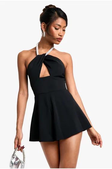 Diamante Twist Strap Flippy Playsuit - black