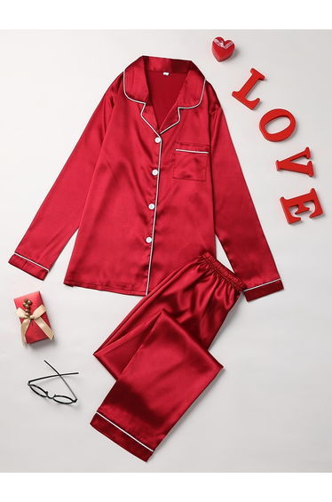 Women Red Long Sleeve Shirt and Pyjama Set