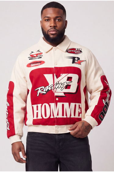 Plus Regular Fit Twill Homme Moto Bomber Jacket - ecru