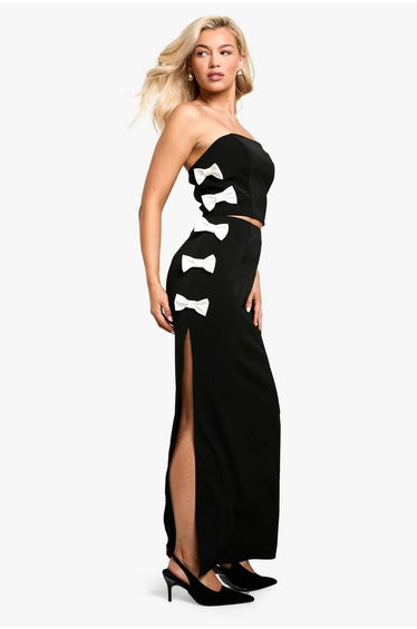 Contrast Bow Thigh Split Column Maxi Skirt