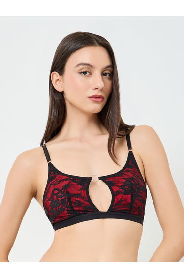 Black Contrast Red Lace Cut Out Padded Non Wired Bra