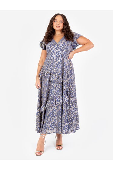 Lovedrobe V Neck Flutter Sleeve Midaxi Dress with Gold Detail