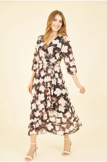 Yumi Black Blossom Wrap Midi Dress With 3/4 Sleeves