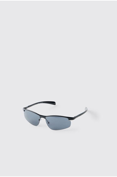 Metal Rim Wrap Around Sunglasses - black