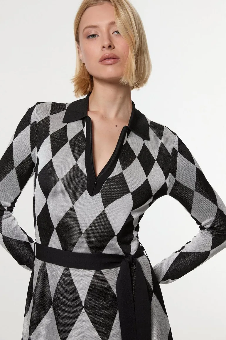 Slinky Knit Mono Jacquard Belted Midaxi Dress - 1
