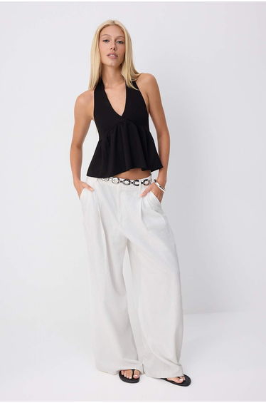 Black Plain Fitted Halter Neck Sleeveless Gathered Soft Touch Knitted Blouse