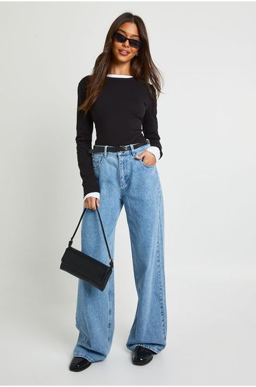 Long Sleeve Fitted Longline Top - black