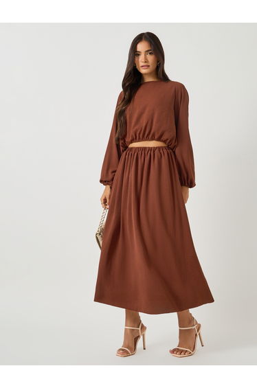 Solid Round Neck Crop Top and Maxi Skirt Co-Ords