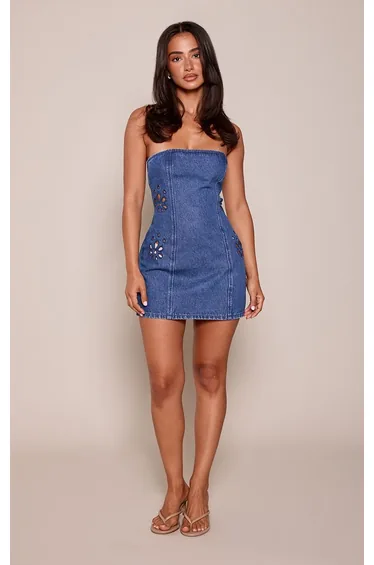 Petite Floral Cut Out Bandeau Denim Mini Dress