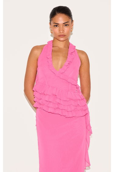 Petite Pink Mesh Halterneck Frill Detail Top