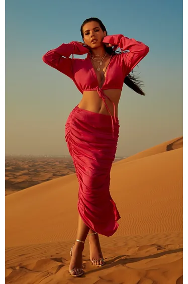 Hot Pink Mid Rise Ruched Midaxi Skirt