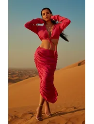 Hot Pink Mid Rise Ruched Midaxi Skirt