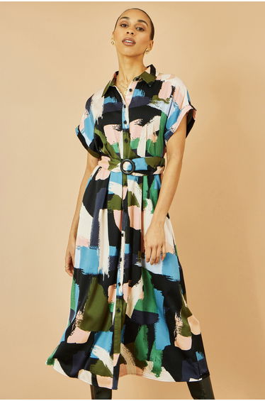 Yumi Blue Brushstroke Print Relaxed Midi shirt Dress