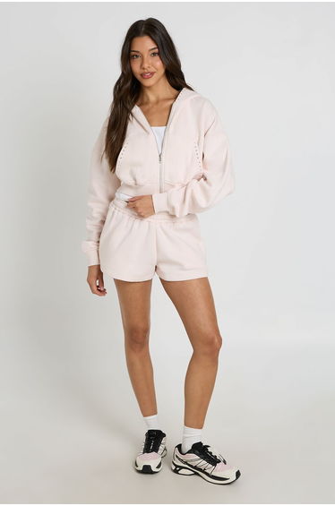 Stud Detail Boxy Crop Zip Through Hoodie - pale pink