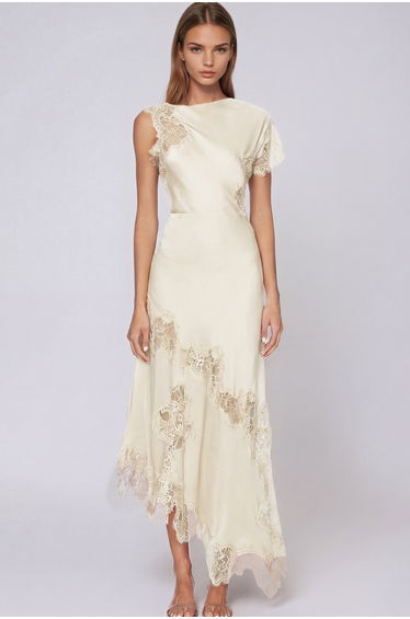 Firdaus Asymmetric Lace Maxi Dress In Apricot