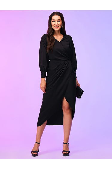 Women Black Solid Wrap Look A-Line Midi Dress with Tulip Hem
