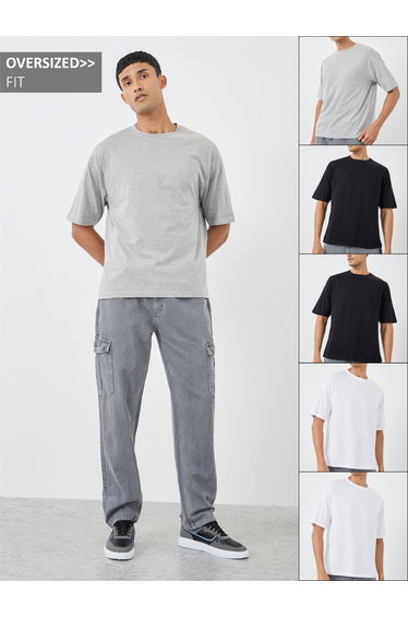 Pack of 5 - Solid Crew Neck Cotton Oversized T-Shirt