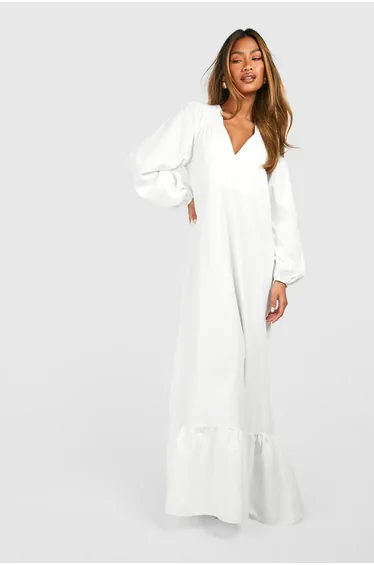 Poplin Blouson Sleeve Trapeze Maxi Dress - white