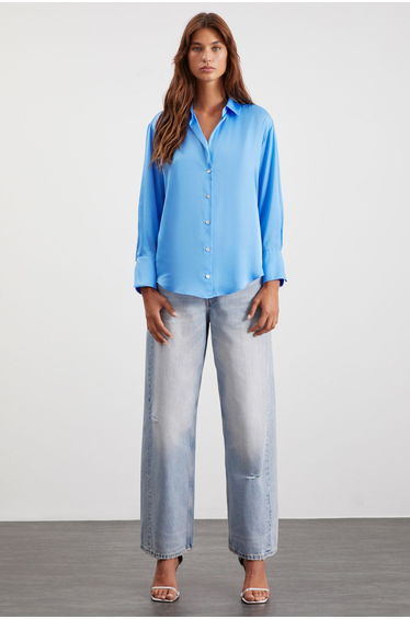 Sheila Women's Premium Satin Woven Relaxed Fit Casual Cut Long Sleeve Pocketless Blue Shirt