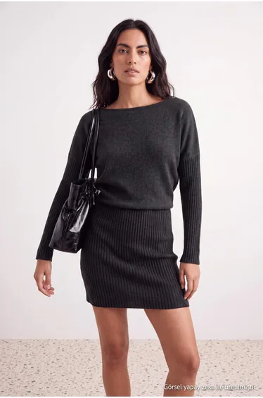 Black Boat Neck Low Sleeve Mini Length Knitwear Dress