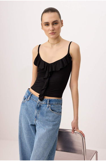 Black Strap Ruffle Fitted/Bodycon Knitted Blouse