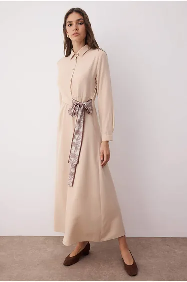 Beige Scarf Belted Cotton Dress