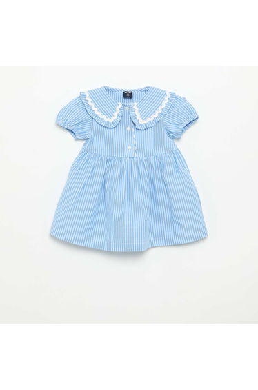 Poplin Short-Sleeved Dress with Peter Pan Collar BLUE