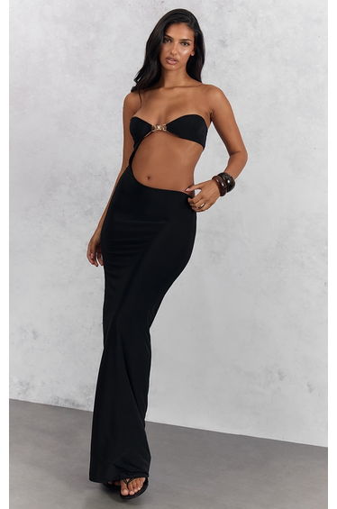 Black Slinky Trim Detail Cut Out Maxi Dress