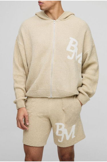 Boxy Fit Boucle BM Knitted Zip Through Hoodie and Shorts Set - stone