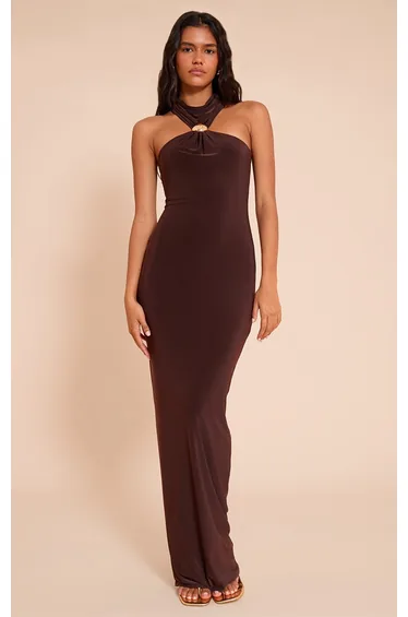 فستان ماكسي بياقة هالتر لون بني