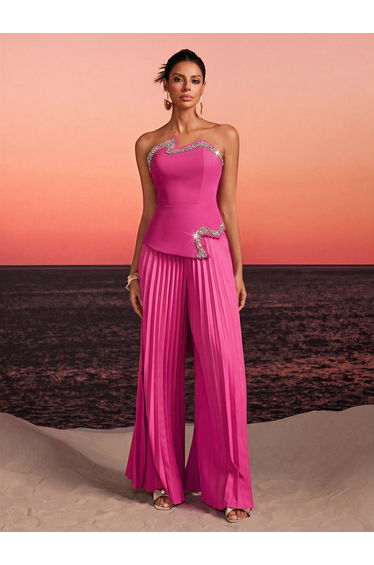 Fendro Strapless Crystal Pleated Pants Set In Hot Pink