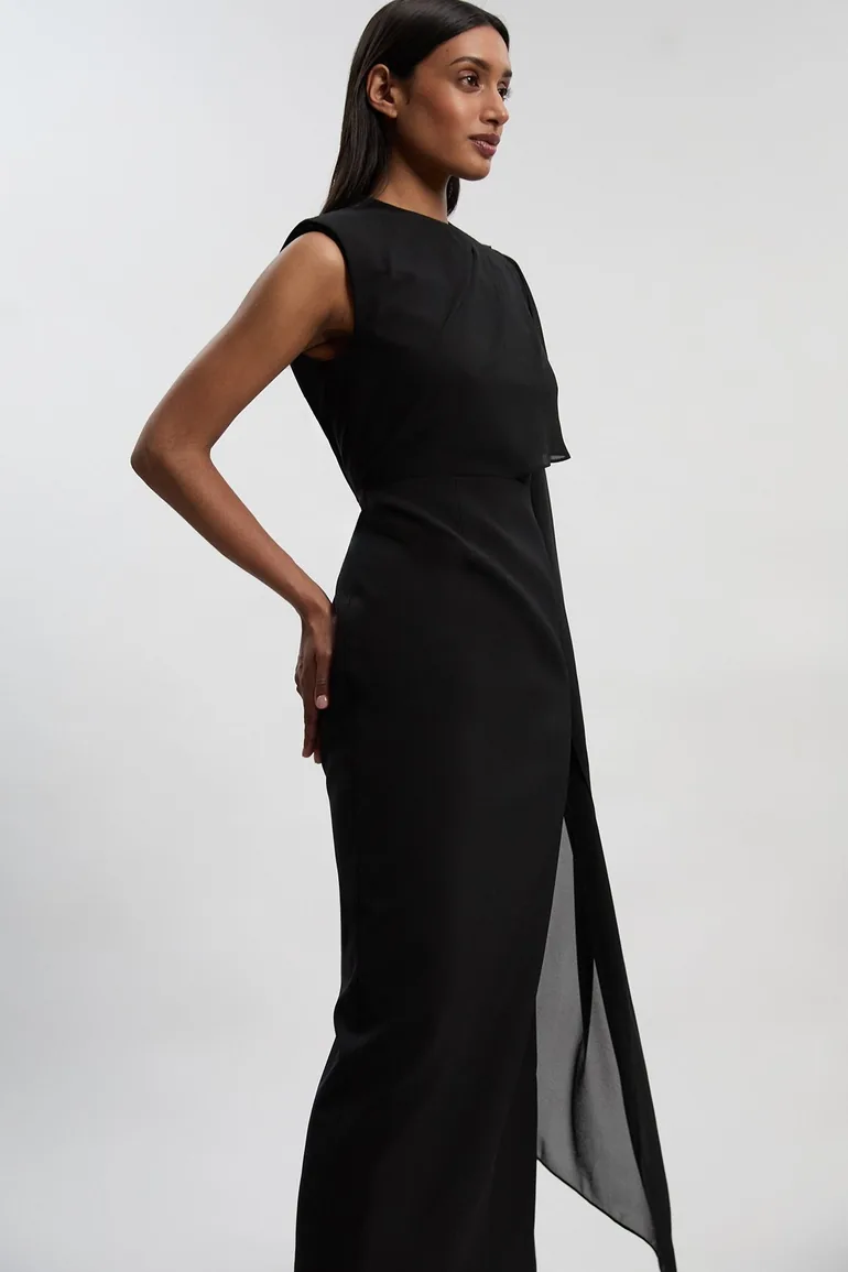 Polished Tailored Cape Drape Maxi Column Dress - 1