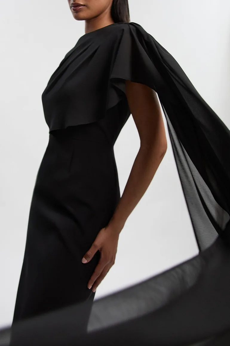 Polished Tailored Cape Drape Maxi Column Dress - 2