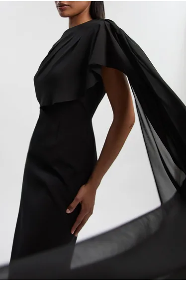 Polished Tailored Cape Drape Maxi Column Dress
