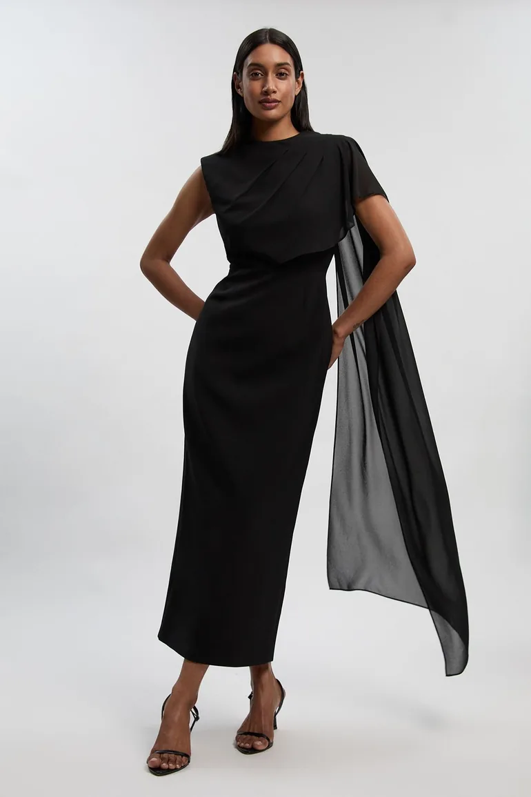 Polished Tailored Cape Drape Maxi Column Dress