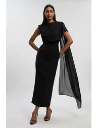 Polished Tailored Cape Drape Maxi Column Dress